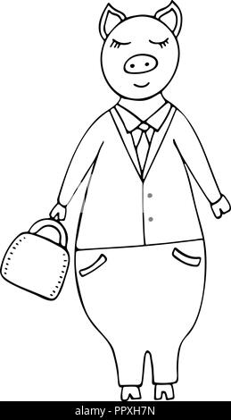 Vektor monochrome handdrawn Abbildung eines Schweins Geschäftsmann im Anzug mit Aktenkoffer. Stock Vektor