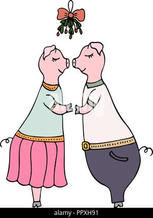 Vektor handgezeichnete Abbildung von zwei Schweine unter dem Mistelzweig zu küssen. Stock Vektor