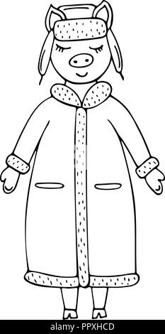 Handgezeichneten monochromen vector Schwein in einem Winter Mantel und Hut. Stock Vektor