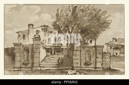 Ansicht der Villa; Giovanni Battista Tiepolo, Italienischer, 1696-1770, Italien; 1757 - 1759; Stift und Tinte Braun und Braun waschen Stockfoto