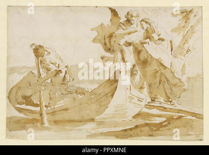 Flucht nach Ägypten; Giovanni Battista Tiepolo, Italienischer, 1696-1770, Italien; 1725 - 1735; Stift und Tinte braun mit braun waschen über Stockfoto