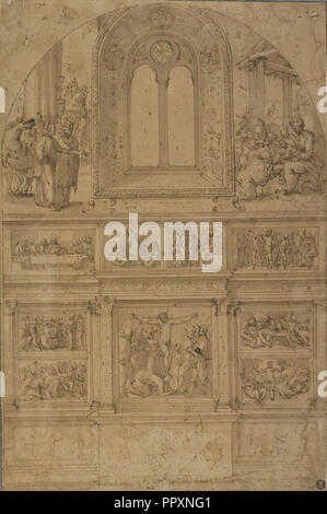 Projekt für eine Wanddekoration, Perino Del Vaga, Piero Buonaccorsi, Italienisch, 1501-1547, 1522; Stift und Braun, Pinsel Stockfoto