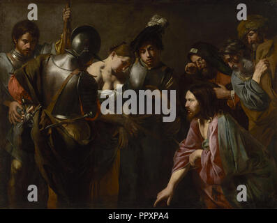 Christus und die Ehebrecherin; Valentin de Boulogne, Frankreich, 1591 - 1632, über 1620 s; Öl auf Leinwand; 167 x 221,3 cm Stockfoto