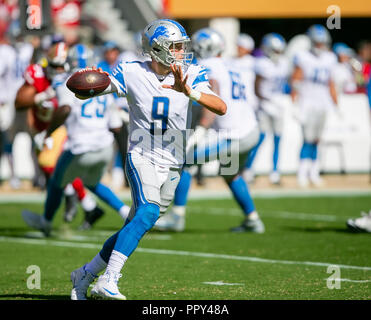 Setember 16, 2018: Detroit Lions Quarterback Matthew Stafford (9) in Aktion während der NFL Football Spiel zwischen den Detroit Lions und die San Francisco 49ers bei Levi's Stadion in Santa Clara, CA. Die 49ers besiegten die Löwen 30-27. Damon Tarver/Cal Sport Media Stockfoto