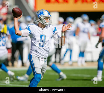 Setember 16, 2018: Detroit Lions Quarterback Matthew Stafford (9) in Aktion während der NFL Football Spiel zwischen den Detroit Lions und die San Francisco 49ers bei Levi's Stadion in Santa Clara, CA. Die 49ers besiegten die Löwen 30-27. Damon Tarver/Cal Sport Media Stockfoto