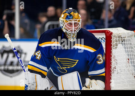 St. Louis, USA. 28. September 2018. NHL-Saison: Dallas Stars an der St. Louis Blues. Jake Allen (34) 21 spart 22 Schüsse für eine solide Nacht gegen die Dallas Stars. © Ben Nichols/Alamy leben Nachrichten Stockfoto