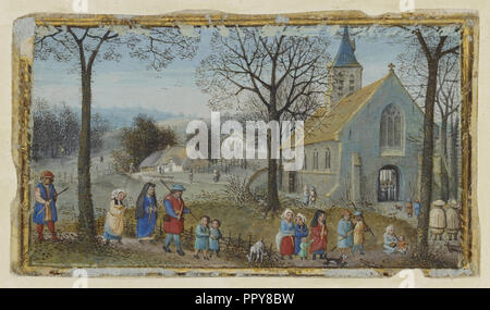 Die Dorfbewohner auf dem Weg zur Kirche; Simon Bening, Flämisch, etwa 1483 - 1561, Brügge, Belgien; über 1550, Tempera Farben Stockfoto