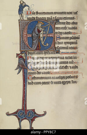 E: David spielt die Harfe und ein Mann Hieven einen Felsen; Bute Master, franko-flämischen, Aktiv, 1260-1290, Nordöstliche Stockfoto