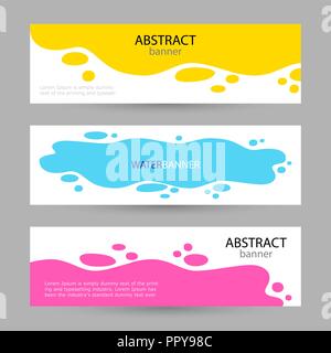 Stellen Sie helle Abstrakte Banner. Eine Pfütze von Wasser mit Tropfen auf den Seiten. Gelb, Rot und Blau Farbe und Spray um auf weißem Hintergrund gegossen. Vector Illustration. Stock Vektor