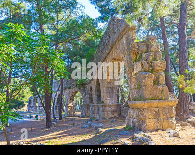 Die steinernen Ruinen der antiken römischen Aquädukt, zwischen dem Grün der Nadelwälder, Phaselis, Türkei versteckt. Stockfoto