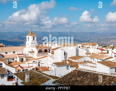 Rote Ziegeldächer der weissen Häuser und Kirche Turm, Canillas de Acientuna, Mudejar route, Axarquia, Andalusien, Spanien Stockfoto