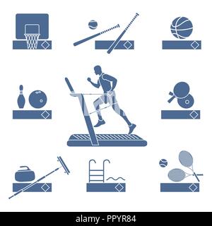 Zeit zu Fitness und Sport. Gesunde Lebensweise. Laufstrecke mit laufender Mann. Ausrüstung für Spiele und Sport. Stock Vektor