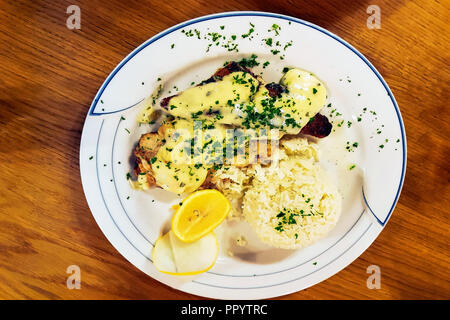 Gebratener Zander Filet auf Reis mit Gewürzen und Sahnesauce Stockfoto