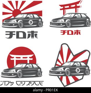 Classic 90 s japanisches Auto Logos, Embleme und Schriftzüge auf weißem Hintergrund. "JDM" und "JDM Garage" Text auf dem Bild. Stock Vektor