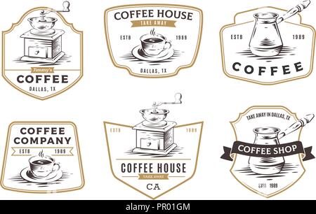 Der Coffee Shop Embleme, Abzeichen und Logos auf weißem Hintergrund. Manuelle Kaffeemühle und Tasse Kaffee Vector Illustration. Stock Vektor