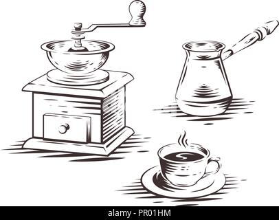 Kaffee Set mit manueller Kaffeemühle, Kaffeemaschine drücken und Tasse Kaffee. Vector Illustration. Stock Vektor