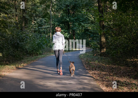 Frau joggen mit Hund im schönen Wald. Junge weibliche Person mit Haustier tun querfeldein laufen Bewegung an der frischen Luft. Stockfoto