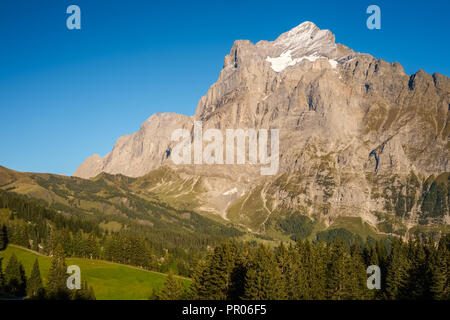 Sonne während der Wanderweg vom Ersten in Grindelwald (Berner Oberland, Schweiz). Sie haben eine tolle Aussicht auf Eiger, Mönch und Jungfrau. Stockfoto