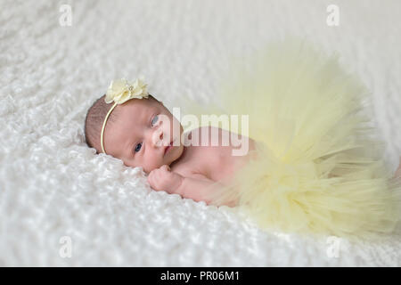 Eine Warnung, 2 Woche alt neugeborenes Mädchen mit einem gelben Kopfbügel und Tutu. Stockfoto