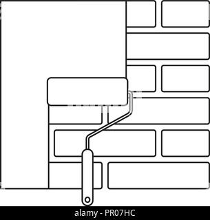 Line Art schwarz weiß Farbroller auf Wand Stock Vektor