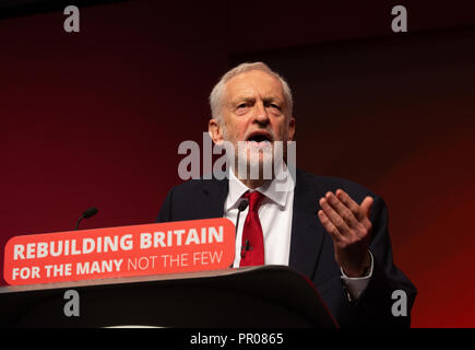 Der Führer, Jeremy Corbyn, gibt seine Rede auf der Konferenz der Labour Party in Liverpool. Stockfoto