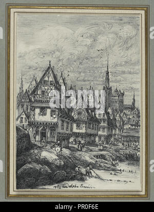 Fischerhafen; Rodolphe Bresdin, Französisch, 1822-1885, Frankreich; 1864; Drucker Tinte schwarz und orange Buntstift Stockfoto