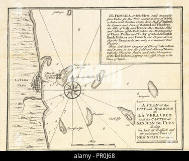 Einen Plan für die Stadt und den Hafen von La Vera Cruz und die Burg von San Juan de Ulua wird der Schlüssel des Traffick und den wichtigsten Stockfoto