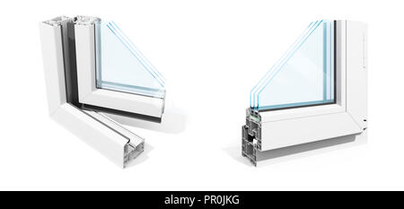3D-Fenster Rahmen profil Abschnitt, auf weißem Hintergrund Stockfoto