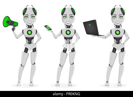 Roboter mit künstlicher Intelligenz, weibliche bot, von drei Posen. Niedliche Zeichentrickfigur holding Lautsprecher, Smartphone und Laptop. Stock Vektor