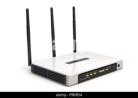 3d-Wi-Fi-Router auf weißem Hintergrund Stockfoto