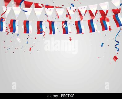 Russland flags Feier Hintergrund Vorlage mit Konfetti und roten und blauen Schleifen. Stock Vektor