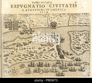 S. civitatis Expvgnatio Avgvstini in Amerika sitae, Americae pars VIII., Bry, Johann Theodor de, 1561-1623?, Gravieren, 1625 Stockfoto