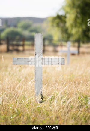 Alte hölzerne Kreuz in einem historischen Friedhof mit schönen Rasen & Baum gefüllt Hintergründe in einer ruhigen Umgebung Stockfoto