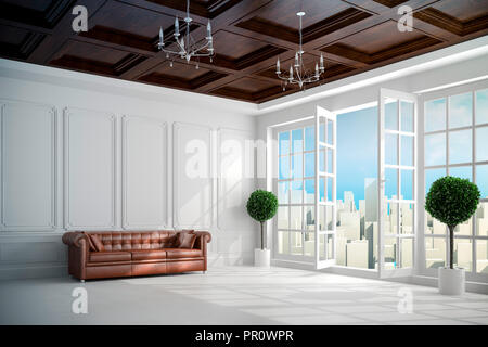 3d-schöne Vintage White Interieur mit großen Fenstern Stockfoto