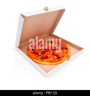 3D-Render der leckeren Pizza und Box auf weißem Hintergrund Stockfoto