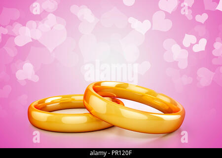 3d gold Trauringe auf Herz Hintergrund Stockfoto
