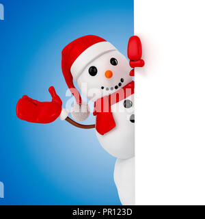 3d happy Schneemann mit Santa Hut hinter einem Blank Board auf blauem Hintergrund Stockfoto