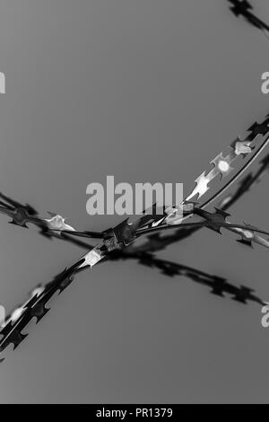 Grobe Stacheldraht Fragment, vertikales Schwarzweiß-Foto mit selektiven Fokus Stockfoto