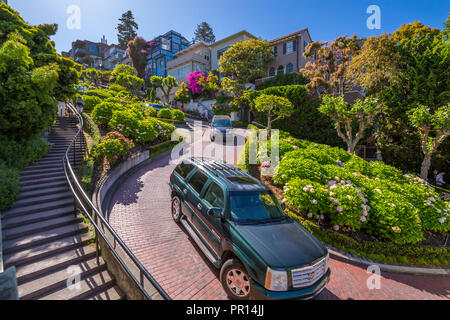 Autos auf der Lombard Street, San Francisco, Kalifornien, Vereinigte Staaten von Amerika, Nordamerika Stockfoto