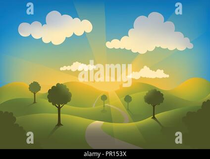 Guten Morgen Sonnenaufgang Hintergrund Vector Illustration. Straße in die Landschaft Landschaft mit Bäumen und sanften Hügeln. Stock Vektor