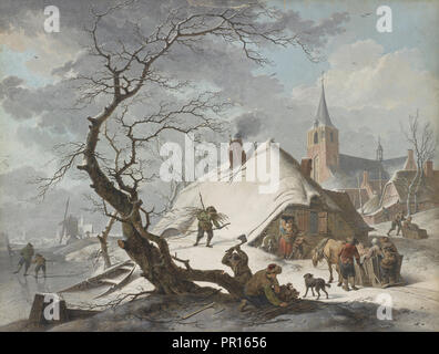 Ein Winter Szene; Hendrik Meyer, Niederländisch, 1744 - 1793, 1787; Schwarze Kreide, Feder und braune Tusche, Gouache, Feder und Tinte schwarz Framing Stockfoto