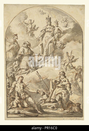 Die gekrönte Madonna mit Kind in der Herrlichkeit, mit den Heiligen Sebastian, Rochus, Jerome, und Johannes Nepomuk; Gaspare Diziani Italienisch, 1689 Stockfoto