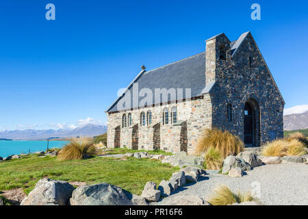 Die Kirche des Guten Hirten, von Lake Tekapo, South Island, Neuseeland, Pazifische Stockfoto