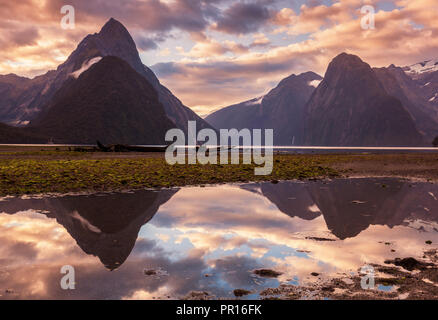 Mitre Peak und Lion Peak Sonnenuntergang Reflexionen, Milford Sound, Fiordland Nationalpark, UNESCO, Southland, Südinsel, Neuseeland Stockfoto