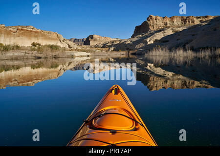 Bluff und Stand der Büsche in den Lake Powell von einem Kajak wider, Glen Canyon National Recreation Area, Utah, Vereinigte Staaten von Amerika, Nordamerika Stockfoto