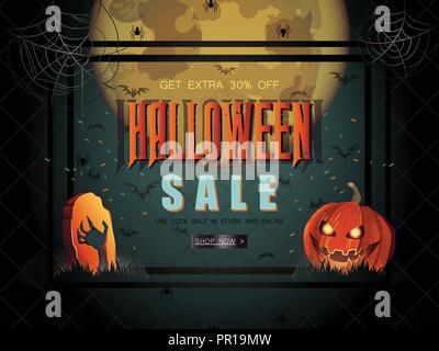 Halloween Verkauf Vector Illustration mit Schriftzug und Kürbisse. Stock Vektor