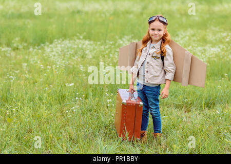 Adorable Zicklein in Pilot Kostüm mit retro Koffer stehen im Sommer Feld Stockfoto