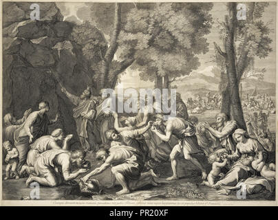 Mose markanten Felsen, drucken Sie nach dem Gemälde von Nicolas Poussin, Baudet, Etienne, 1638-1711, Poilly, Nicolas de, 1627-1696 Stockfoto