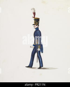 Seitenansicht der Soldat in der blauen Uniform, Kostüme von Lima, Peru, Aquarell, Ca. 1860 Stockfoto