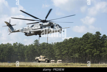 Ein U.S. Marine Corps CH-53E Super Stallion hebt ein U.S. Army Humvee bei einer gemeinsamen Übung in der Nähe von Joint Base Mc Guire-Dix - Lakehurst, New Jersey, Sept. 6, 2018. Marine schweren Helikopter Squadron 772 (HMH-772) mit Luftlandedivision arbeitete auf Schlinge Ladevorgänge und Aufklärung Ausbildung zu trainieren. (U.S. Air Force Foto von Airman Ariel Owings) Stockfoto